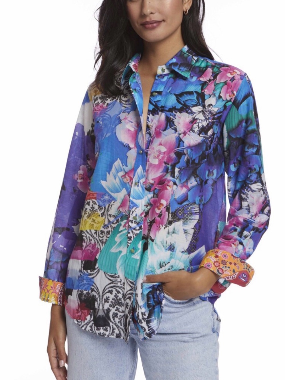 Robert Graham Carrie Floral Button Down Voile Shirt L  Gem Buttons